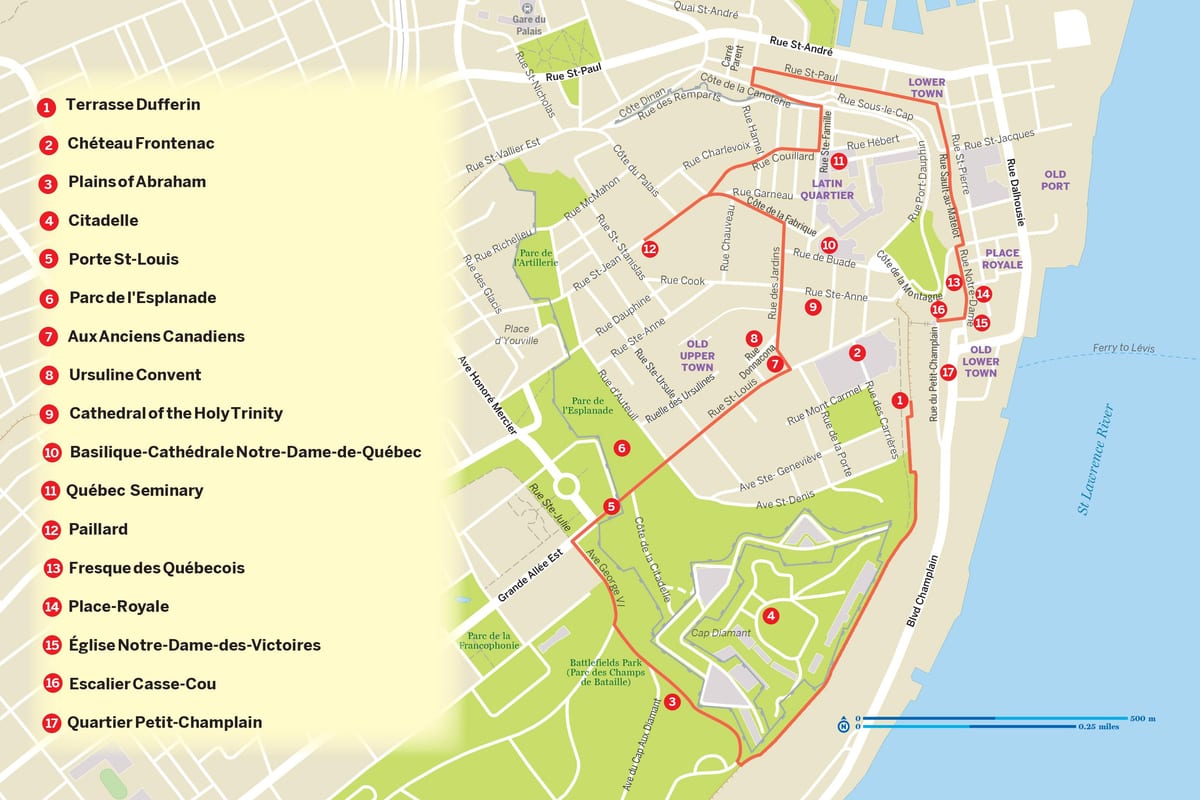 Mapa da Cidade de Quebec hop on hop off