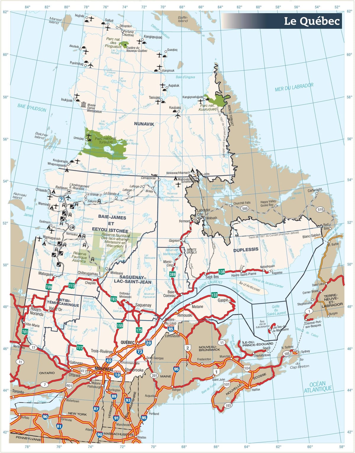 Mapa de estradas de Quebec no canadá