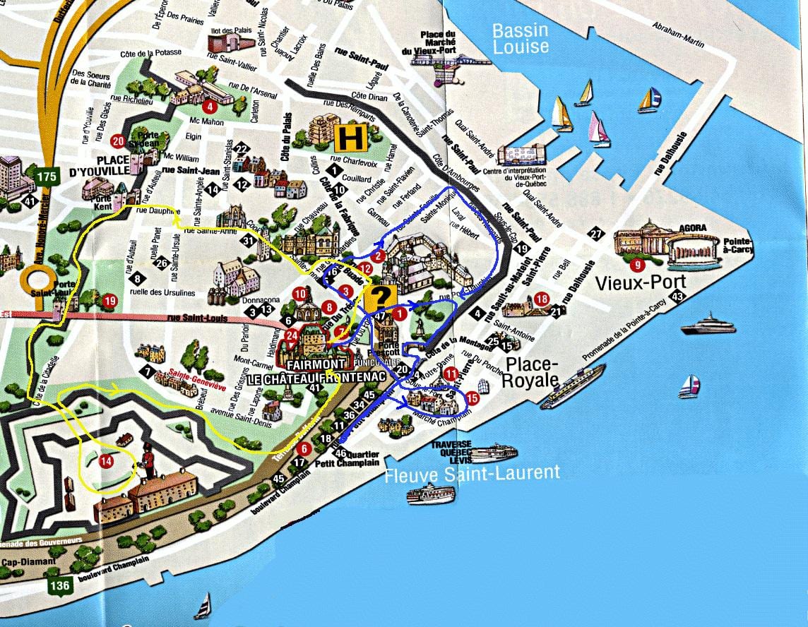 mapa de old Quebec, com atrações